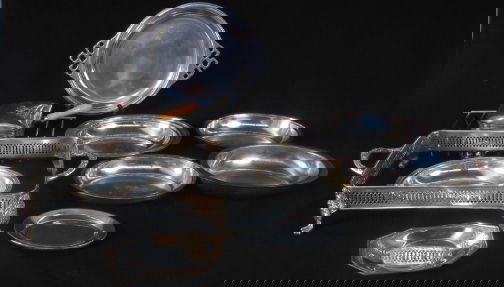 SILVER SERVEWARE & OTHERS. Lot includes fifteen p: SILVER SERVEWARE & OTHERS. Lot includes fifteen pieces of serveware. 1. Silverplate divided platter with lid. Marked: Marquisse; 1847 Rogers Bros.; 009185; ''I'', ''S''. Measures: 1.5'' h., 18'' l., 1