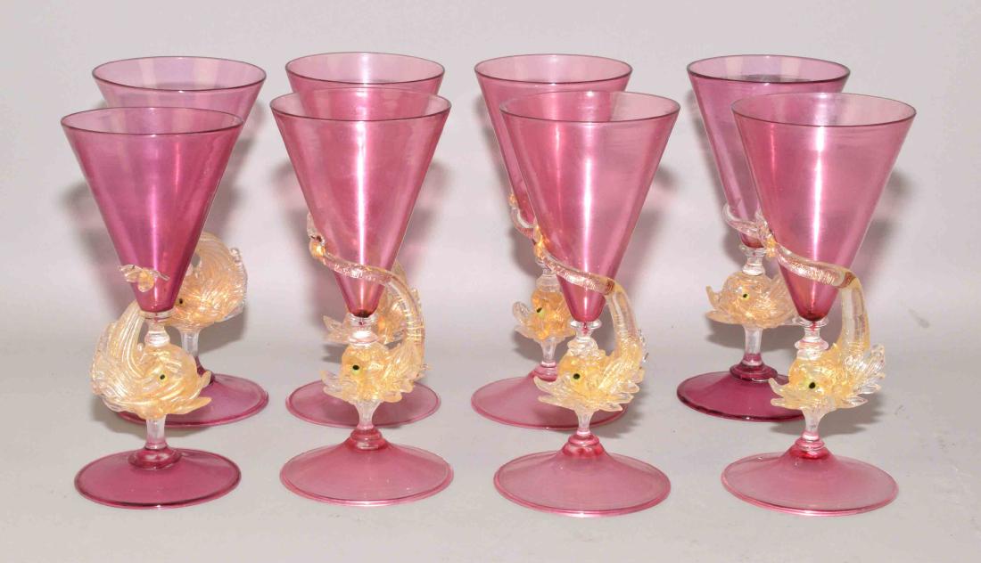 (8) VENETIAN GLASS GOBLETS WITH DOLPHIN STEMS, ruby (1 of 9)