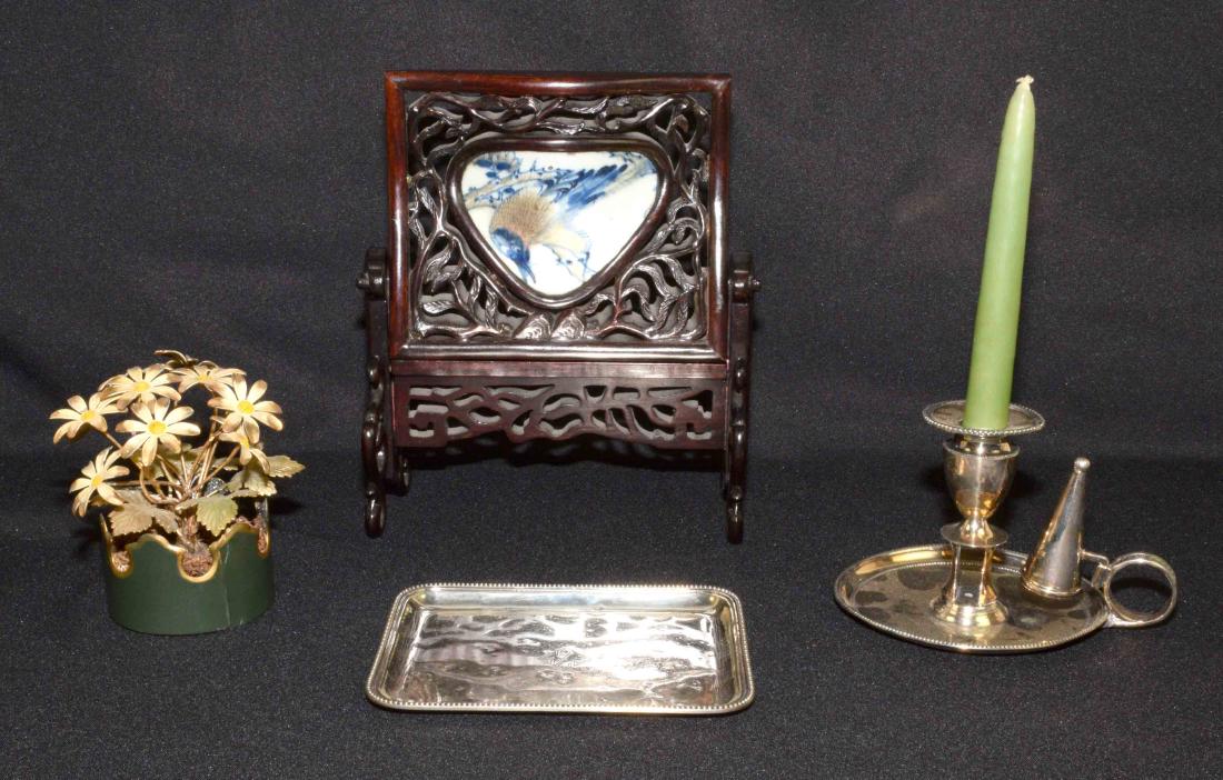 (4 PC.) GROUP OF DECORATIVE OBJECTS. Comprising:: (4 PC.) GROUP OF DECORATIVE OBJECTS. Comprising: Chinese porcelain fragment mounted in a wood stand (9.75''H) - losses, reglued stand. Silver plated card tray, monogrammed (dents). Enameled metal flor