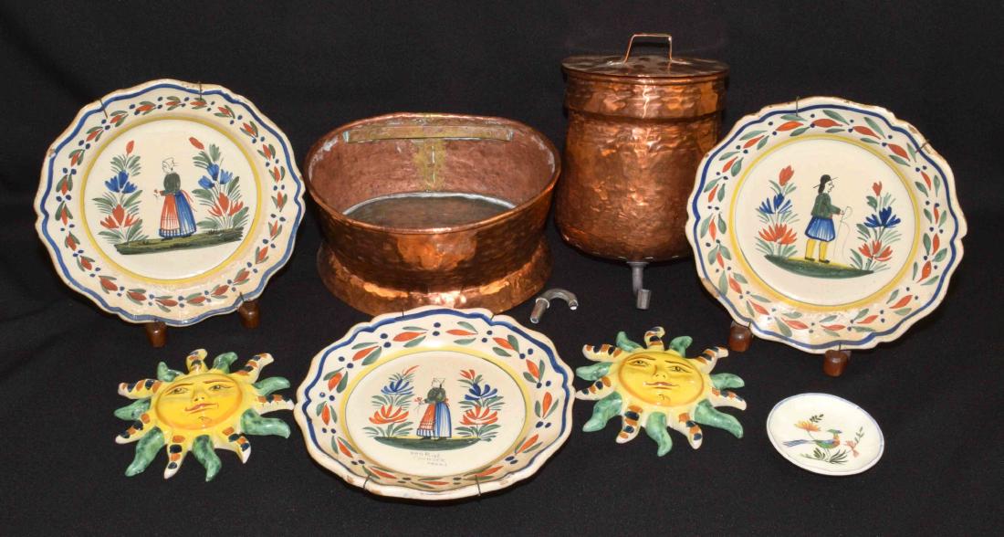 (7 PC.) GROUP OF DECORATIVE OBJECTS. Comprising: (3): (7 PC.) GROUP OF DECORATIVE OBJECTS. Comprising: (3) Quimper plates. Copper wall-mounted lavabo. (3) ceramic wall decorations. Provenance: Mail Pouch Tobacco Estate.