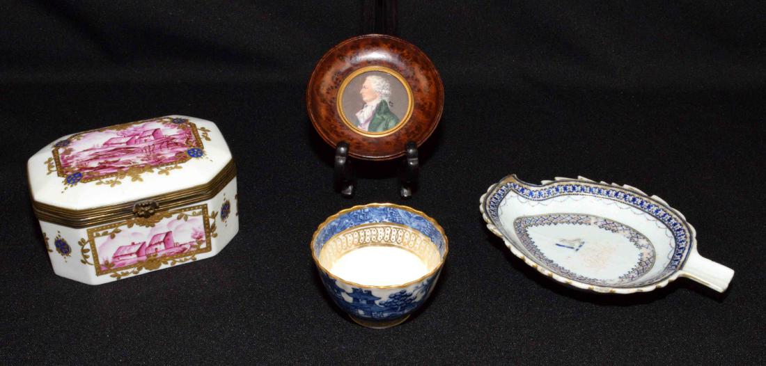 (4 PC.) GROUP OF DECORATIVE OBJECTS. Comprising: French: (4 PC.) GROUP OF DECORATIVE OBJECTS. Comprising: French portrait miniature on ivory, 2'' diameter. French painted porcelain box, 5''W. Chinese export porcelain leaf-form dish, 6.50''L (chip on bottom