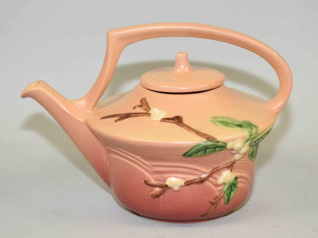 ROSEVILLE TEA POT, orange in color with floral (1 of 5)