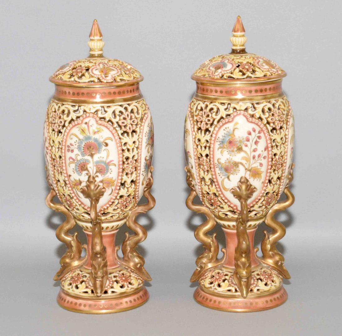 PAIR OF ZSOLNAY GLAZED RETICULATED CERAMIC LIDDED URNS, (1 of 7)