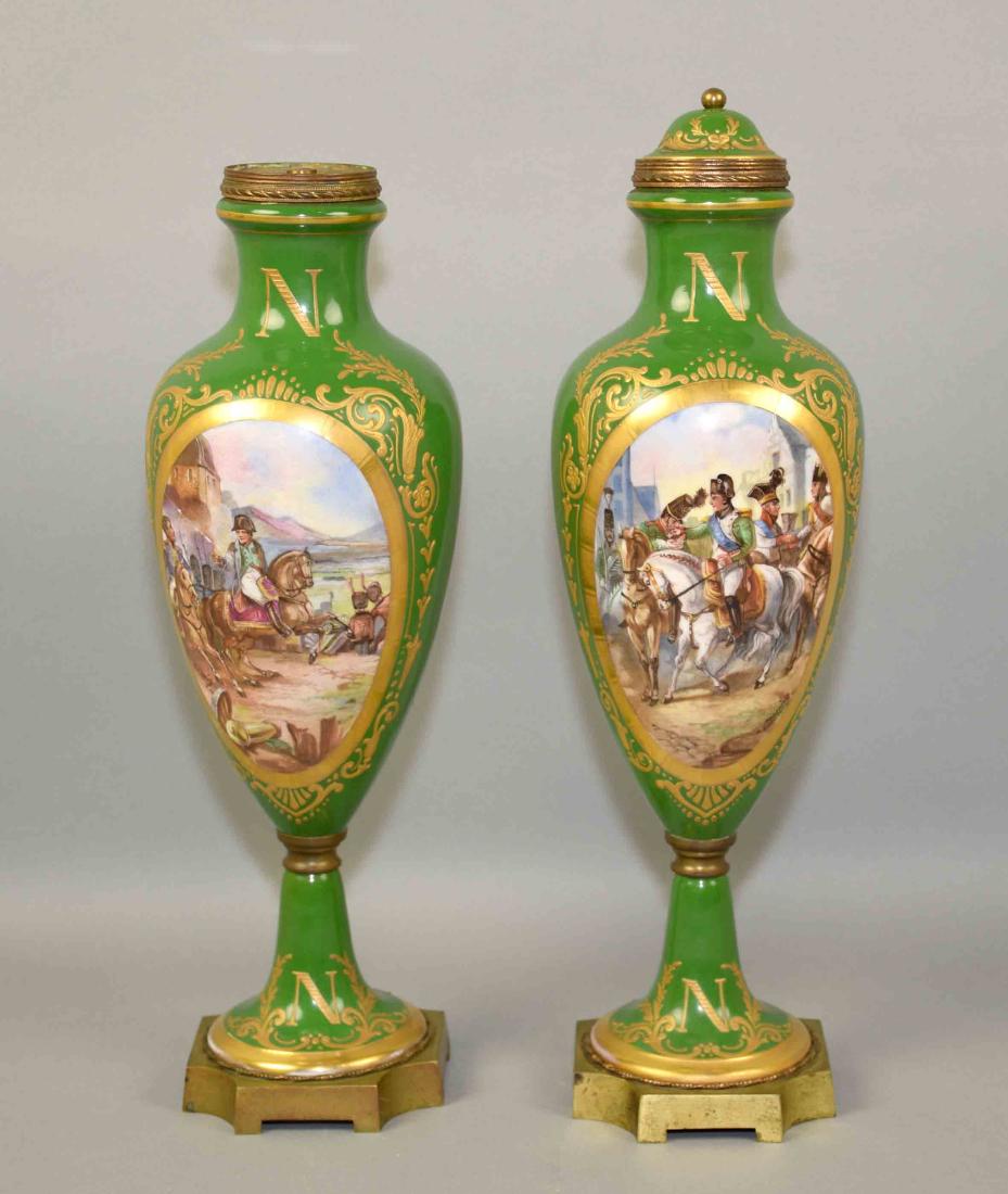 PAIR FRENCH J TIELAS PORCELAIN LIDDED URNS - Green (1 of 12)