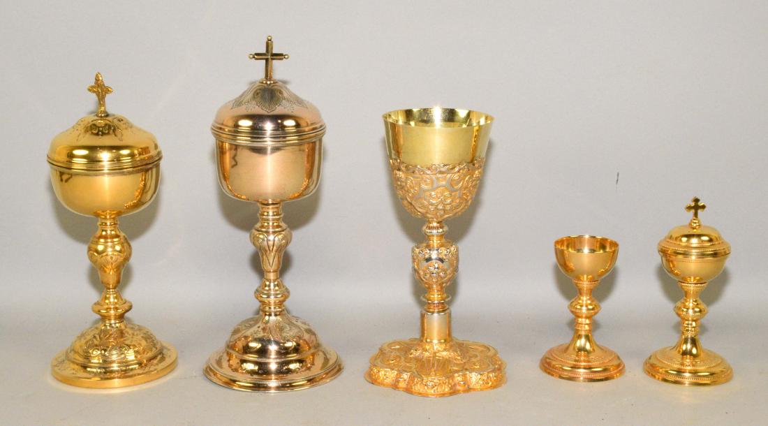 GROUP OF (5) ROMAN CATHOLIC GOLD PLATED CHALICES.