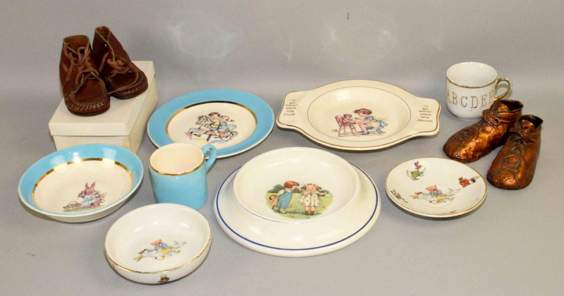 TRAY LOT OF ASSORTED BABY PORCELAIN DISHES AND SHOES. (1 of 4)
