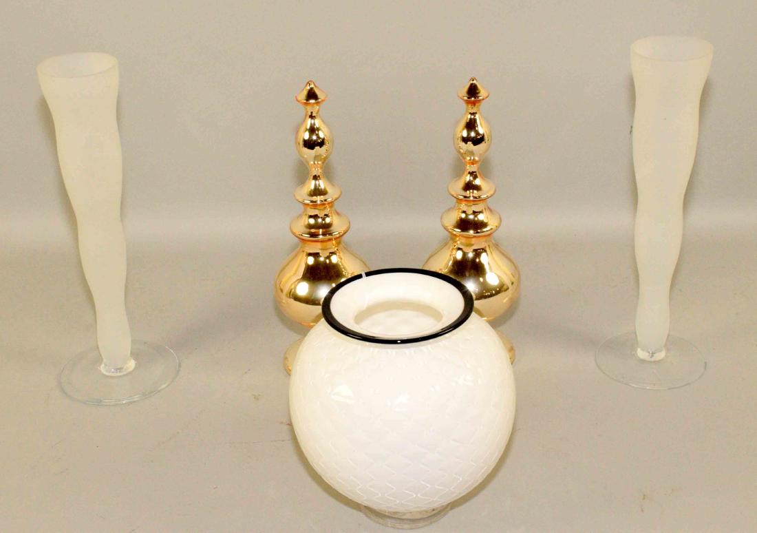 ASSORTED DECORATIVE OBJECTS including collectible: ASSORTED DECORATIVE OBJECTS including collectible vases, pair of 13'' white glass vases, 13'' diameter round white pineapple vase and a pair of 12''H silver glass.