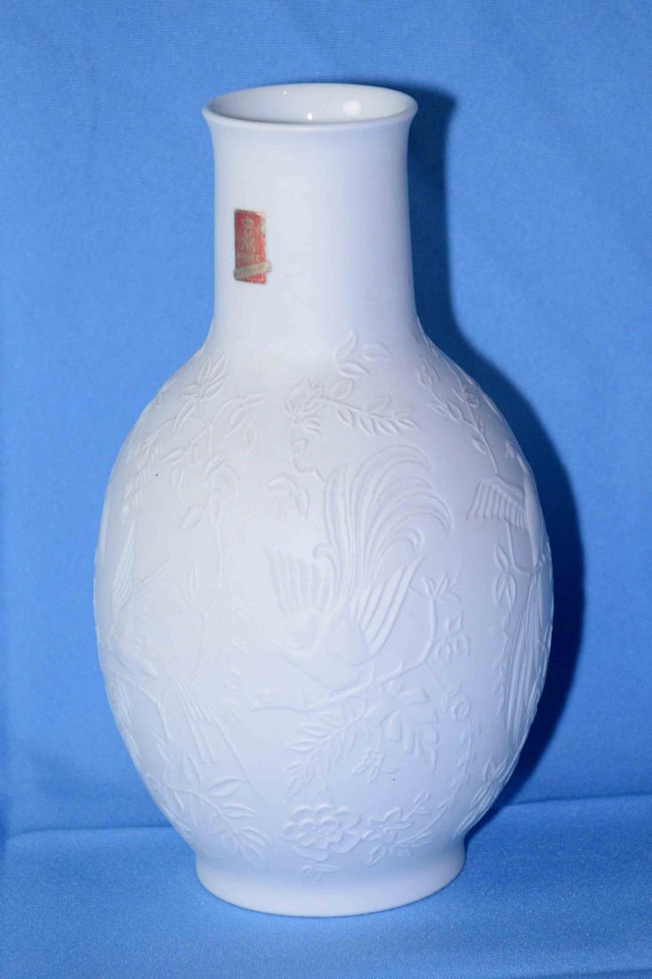 KAISER W. GERMAN WHITE REPOUSSE VASE w/birds and: KAISER W. GERMAN WHITE REPOUSSE VASE w/birds and flowers, numbered 296. 8.75'' tall.