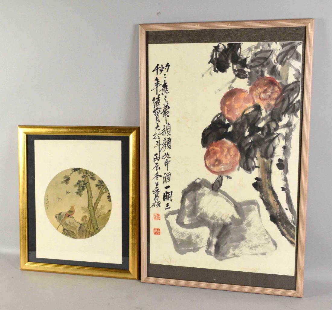 (2) CHINESE FRAMED WATERCOLORS, round fan painting and (1 of 6)