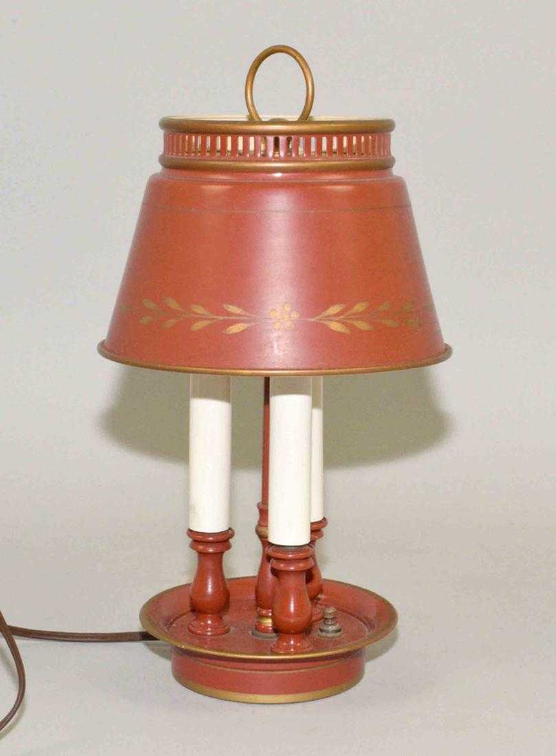 ANTIQUE SMALL RED TOLE 3-CANDLELIGHT LAMP. Condition: (1 of 1)