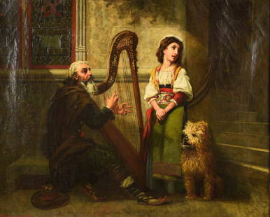 ELIZABETH JANE (GARDNER) BOUGUEREAU (FRENCH, 1837-1922): ELIZABETH JANE (GARDNER) BOUGUEREAU (FRENCH, 1837-1922) - Man playing harp with girl and dog; Oil on canvas; signed lower left ''E.J. Gardner Paris 1876''; set in gesso frame; Measures: Visible Art 28