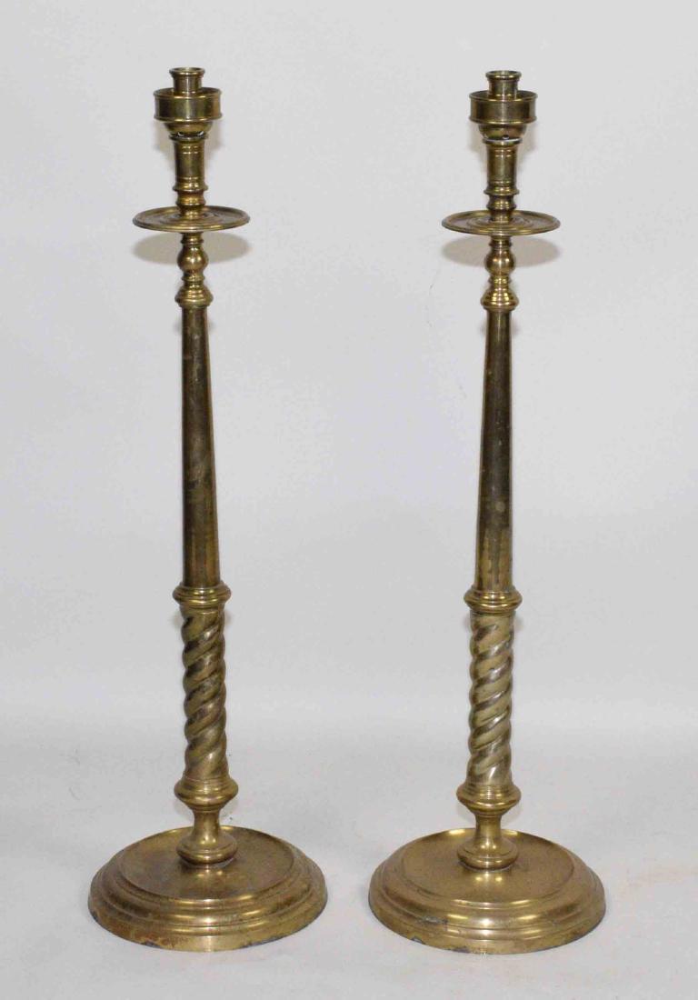 PAIR OF LATE 19TH C. BRASS CANDLESTANDS. 31''H x 10'' (1 of 4)