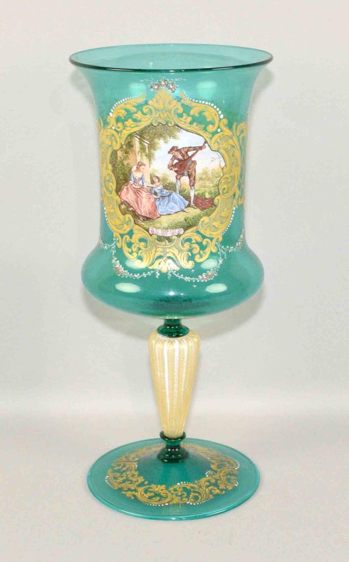 LANCRET BOHEMIAN GLASS PAINTED STEMMED CUP, repaired: LANCRET BOHEMIAN GLASS PAINTED STEMMED CUP, repaired base. 13.5''h x 6''w.