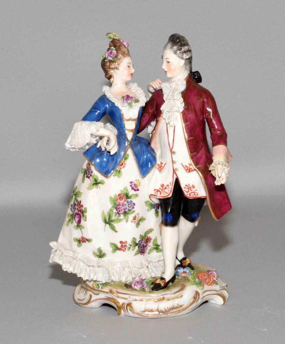 DRESDEN LACE PORCELAIN COURTING COUPLE FIGURINE. Blue (1 of 7)
