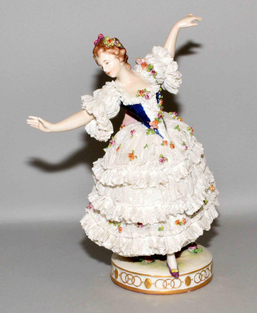 DRESDEN LACE PORCELAIN LADY DANCER FIGURINE. Blue crown (1 of 6)