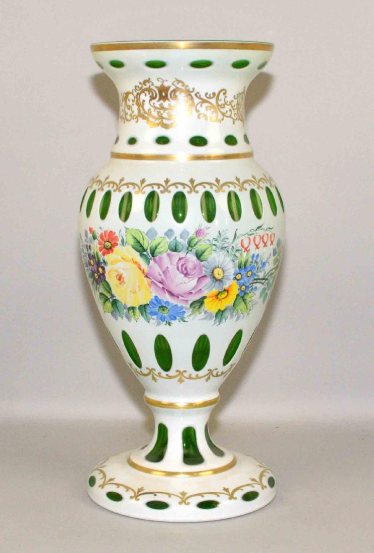 TALL BOHEMIAN GLASS VASE W/GREEN HIGHLIGHTS. Hand (1 of 6)