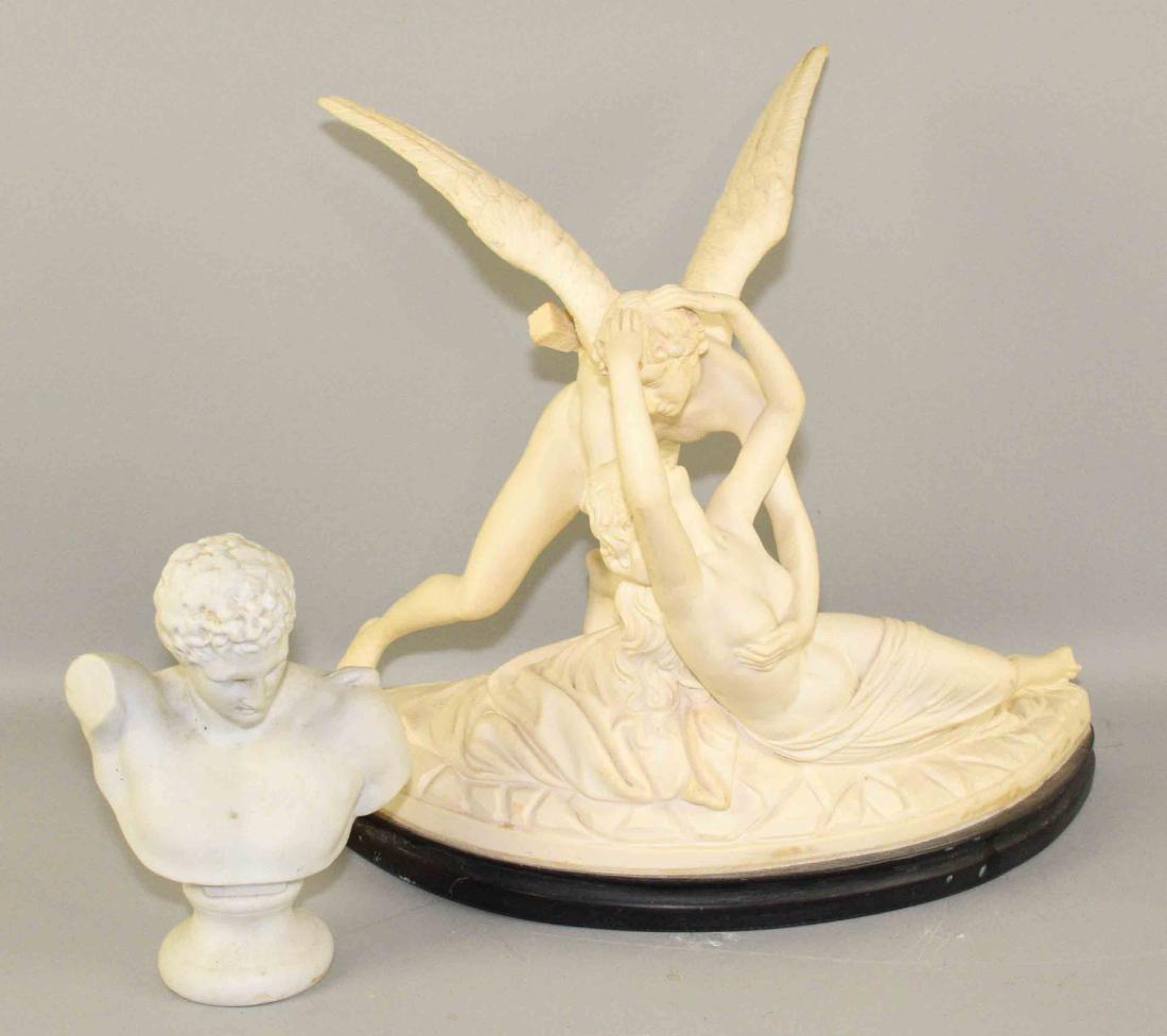 RESIN SCULPTURE OF EROS AND CERAMIC BISQUE GREEK BUST O (1 of 6)