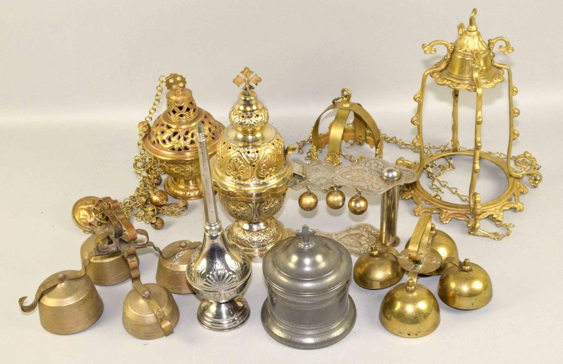 (7) PIECE MISC. BRASS RELIGIOUS ITEMS; incense burners, (1 of 3)