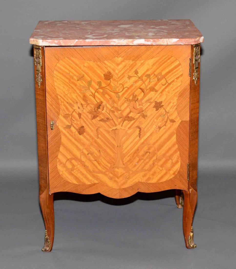 SMALL FRENCH INLAID MARBLE TOP CABINET. 28''h x 21''w. (1 of 5)
