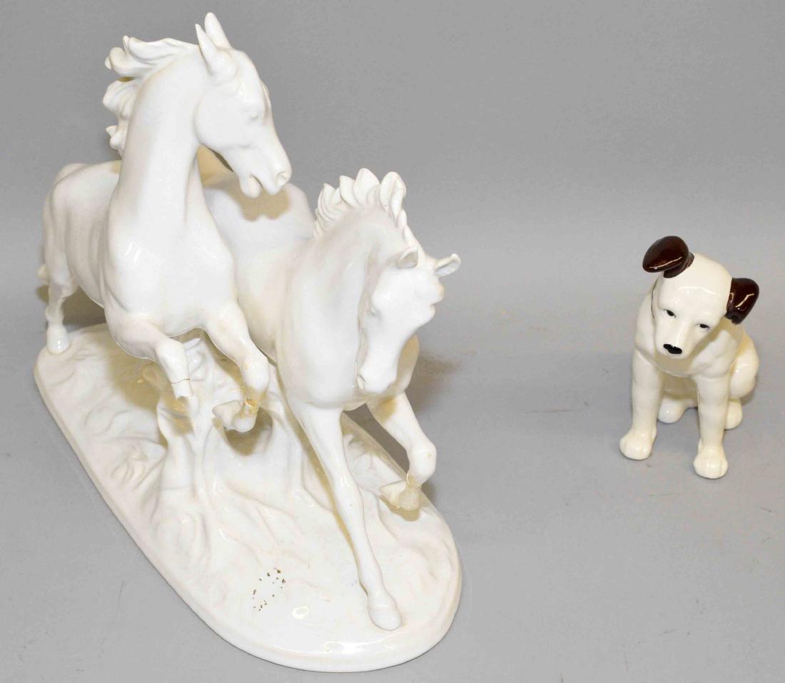 CERAMIC STATUES, horses and dog. Horse's leg damaged. (1 of 1)