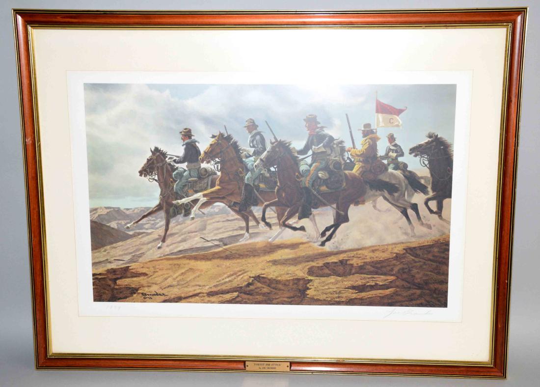 PRINT OF CALVERY HORSEMEN, signed Joe Grandee,: PRINT OF CALVERY HORSEMEN, signed Joe Grandee, ''Pursuit and Attack''. 24''h x 32.25''w. Provenance: Downtown Pittsburgh Club.