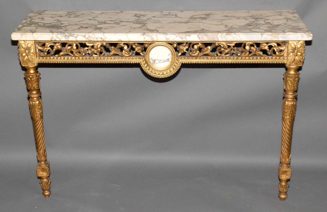 A PAIR OF MARBLE TOP CONSOLE TABLES. 30''h x 45.25''w x: A PAIR OF MARBLE TOP CONSOLE TABLES. 30''h x 45.25''w x 15''d.