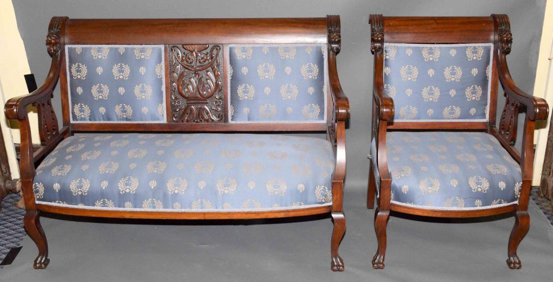 VICTORIAN CHAIR AND SETTEE. Bench: 37.50''h x 51''w x: VICTORIAN CHAIR AND SETTEE. Bench: 37.50''h x 51''w x 24''d. Chair: 37.50''h x 24''w x 24''d.
