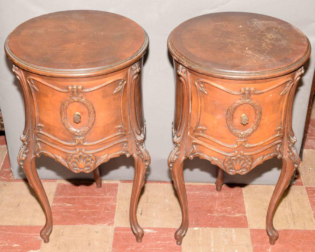 PAIR OF ROUND TABLES W/DRAWERS. 27''h x 15''d each. (1 of 1)