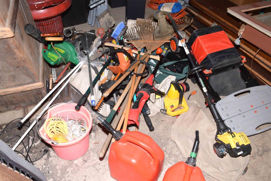 A LARGE GROUP OF GARDEN TOOLS, including weedwacker, (1 of 1)