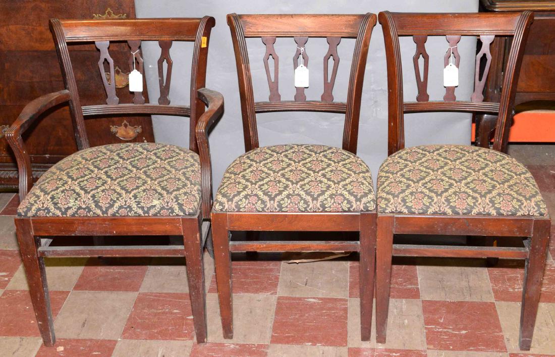 (3) UPHOLSTERED WOODEN CHAIRS. 34''h. (1 of 1)
