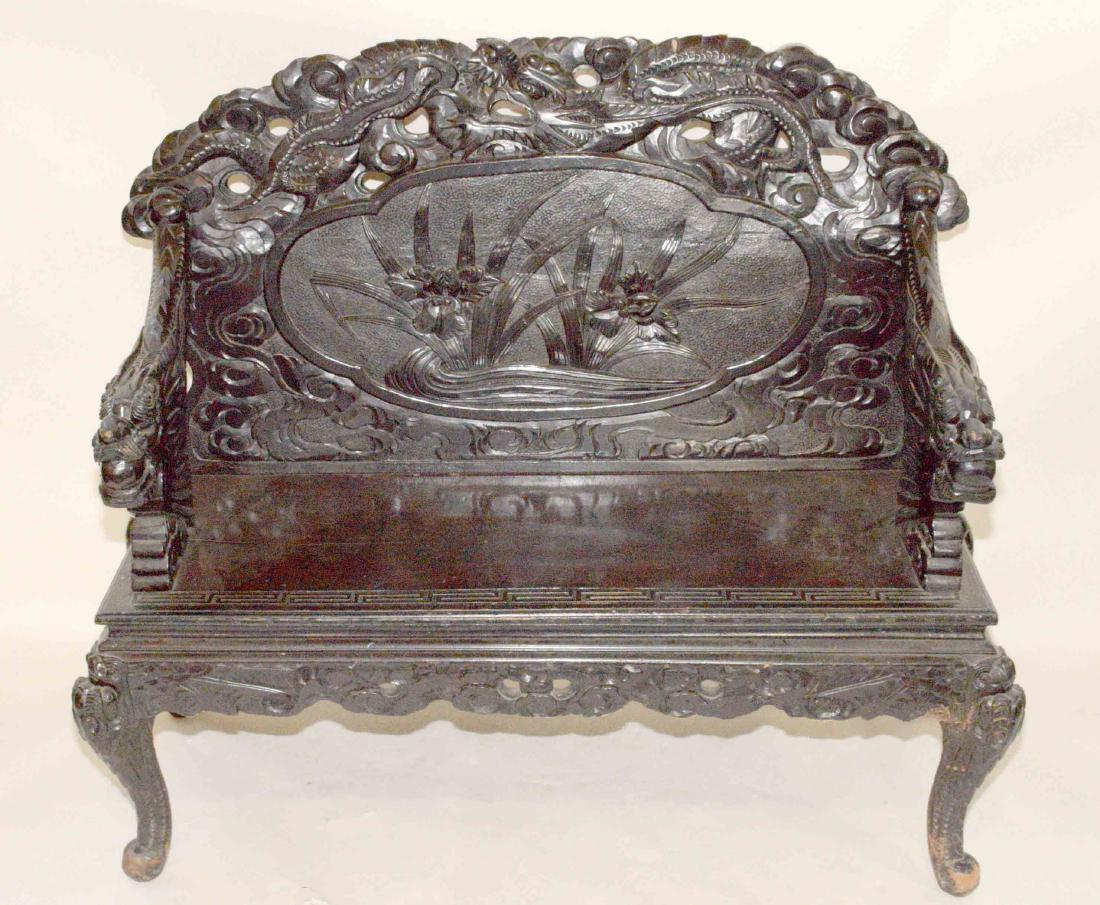 CARVED ASIAN MAHOGANY BENCH with dragon arms. 44''H x (1 of 8)