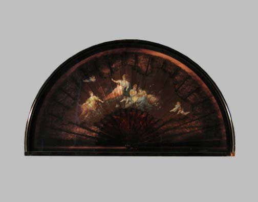1850 FR. PAINTED/TORTOISE FAN. Signed lower left: 1850 FR. PAINTED/TORTOISE FAN. Signed lower left A. Fuy? Circa 1850 French tortoise shell staved hand held fan with lace backing with silk panel handpainted with four classically draped females with f