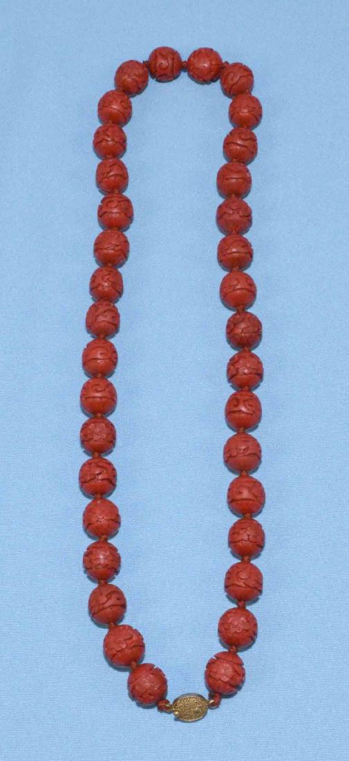 ANTIQUE CINNABAR BEADED NECKLACE w/gold tone filigree (1 of 3)