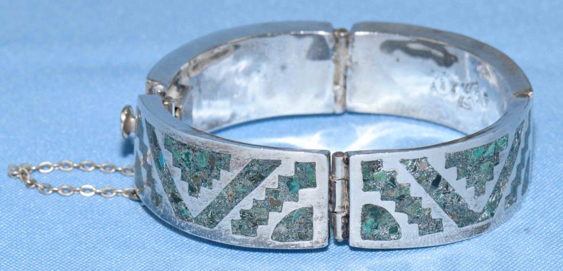 MEXICAN STERLING AND INLAID GREEN TURQUOISE SIGNED (1 of 4)