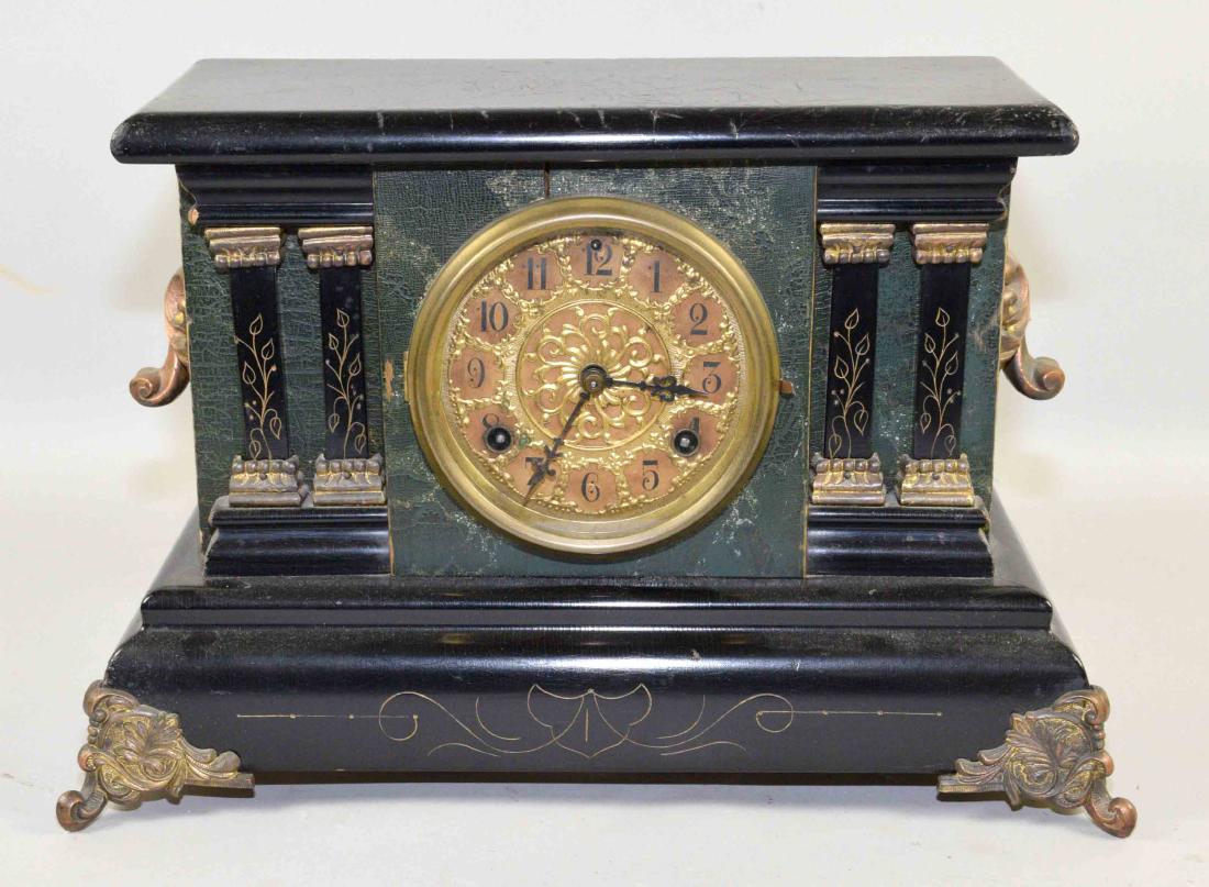 ANTIQUE WOOD AND BRONZE MANTEL CLOCK. 11''H x 13.5''L x (1 of 6)