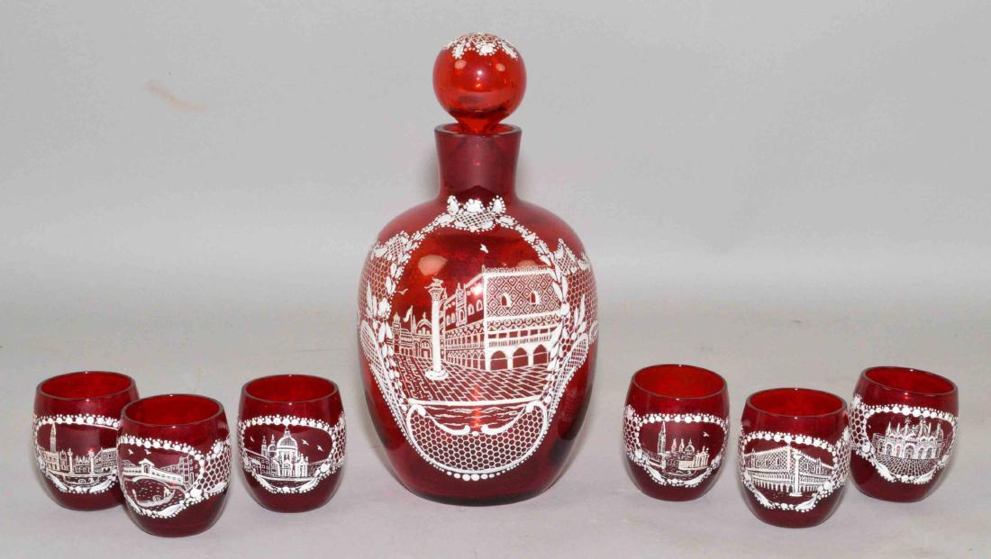 RUBY GLASS PAINTED DECANTER SET, 6 glasses and (1 of 4)