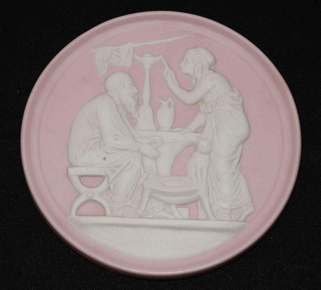 PINK JASPERWARE PLAQUE. Pink jasperware plaque, round (1 of 2)