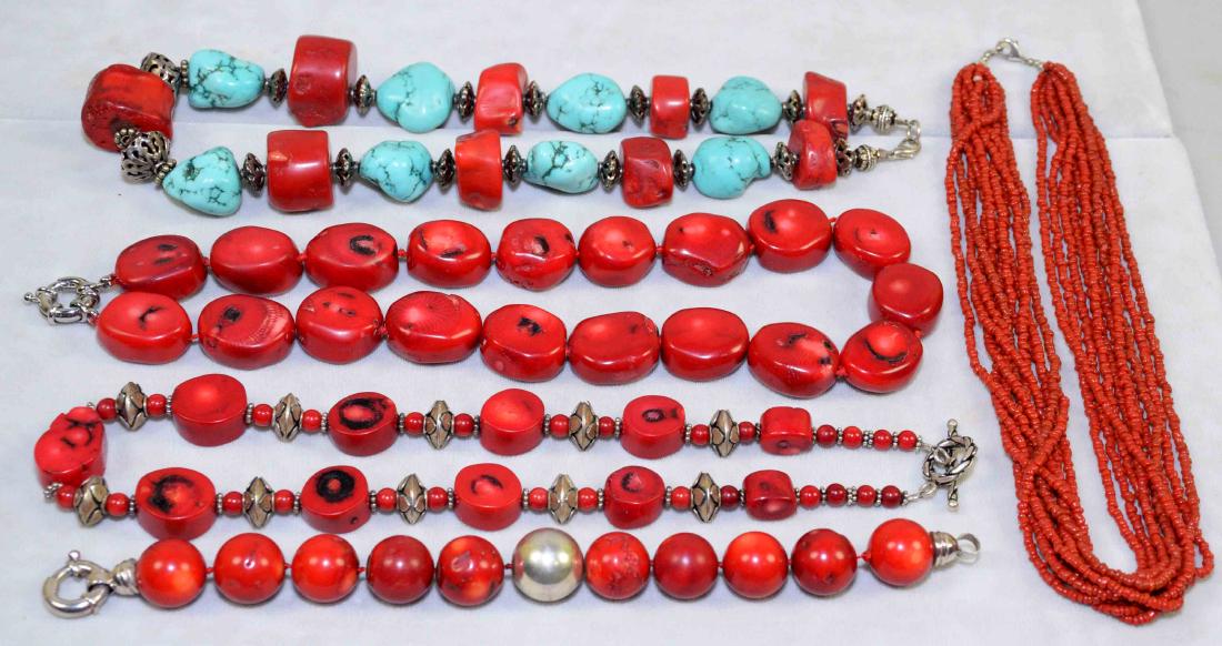 (5) PC. RED CORAL AND TURQUOISE LADIES COSTUME JEWELRY. (1 of 4)