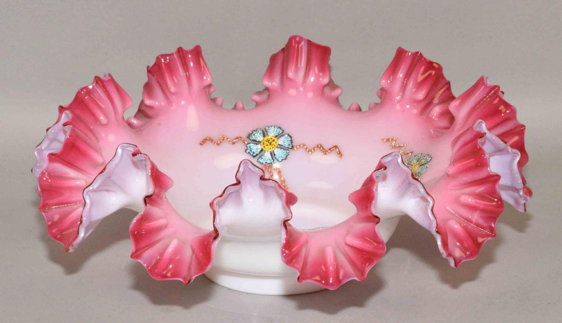 THOMAS WEBB BRIDES BASKET with blue coralene flowers.: THOMAS WEBB BRIDES BASKET with blue coralene flowers. 4.5''H x 11.5''W.