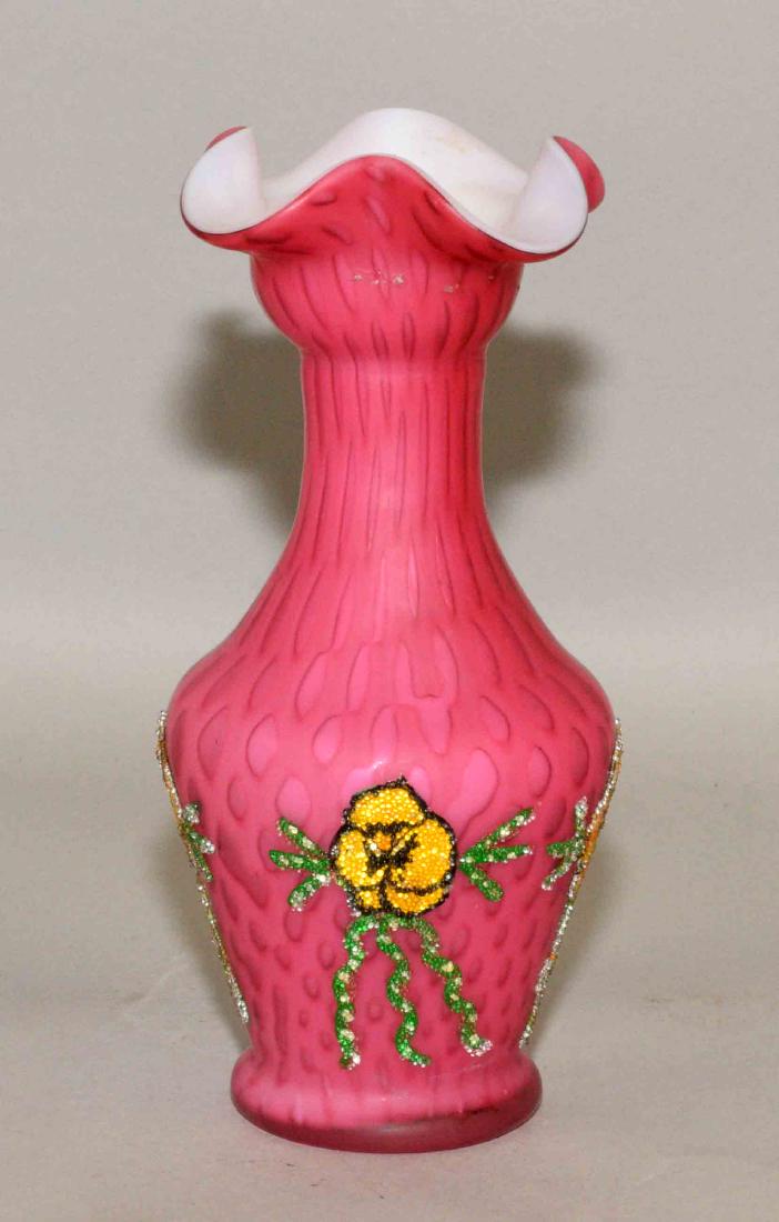 THOMAS WEBB VASE. Pink with coralene flowers. 6.5''H x (1 of 5)