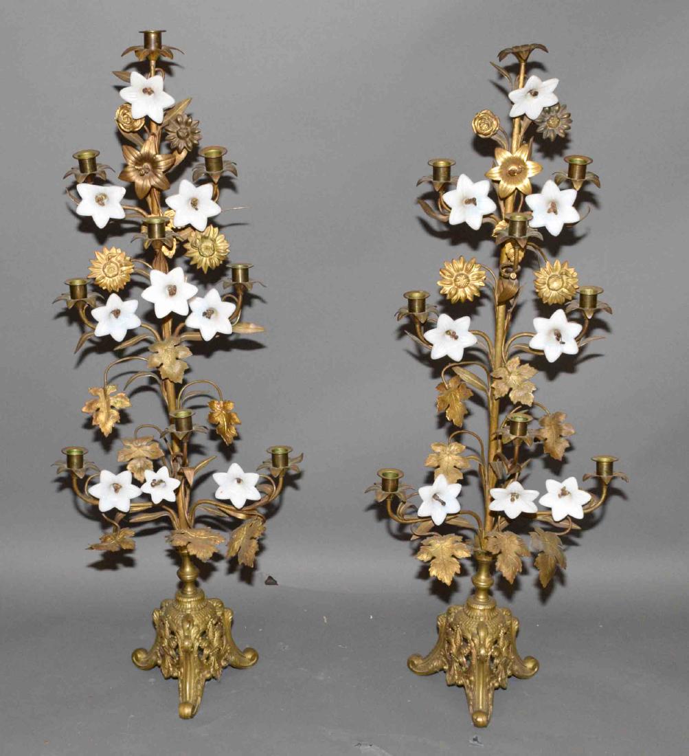 PAIR OF ANTIQUE BRONZE AND PORCELAIN CANDELABRA, 38''H.: PAIR OF ANTIQUE BRONZE AND PORCELAIN CANDELABRA, 38''H.