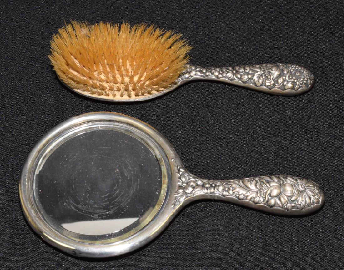 STERLING BRUSH AND HAND MIRROR. 9''H.: STERLING BRUSH AND HAND MIRROR. 9''H.