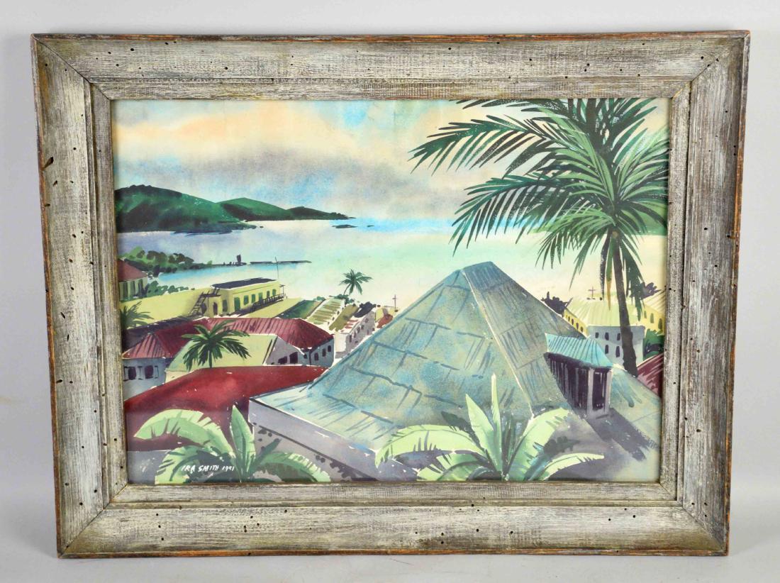 IRA SMITH, TROPICAL SEAPORT WATERCOLOR. Image: 14''H x: IRA SMITH, TROPICAL SEAPORT WATERCOLOR. Image: 14''H x 20''W. Frame: 19''H x 24''W.