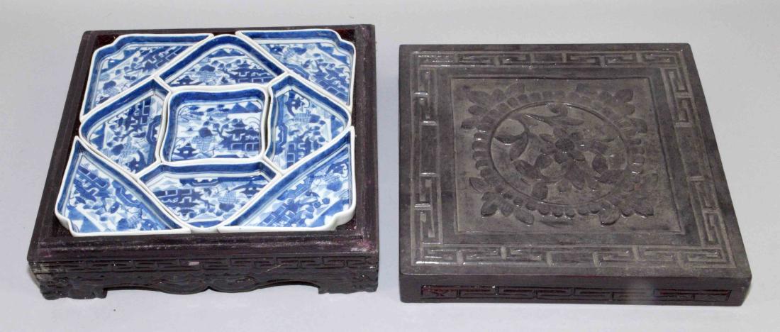 ANTIQUE CHINESE LIDDED LACQUER BOX W/BLUE AND WHITE (1 of 4)