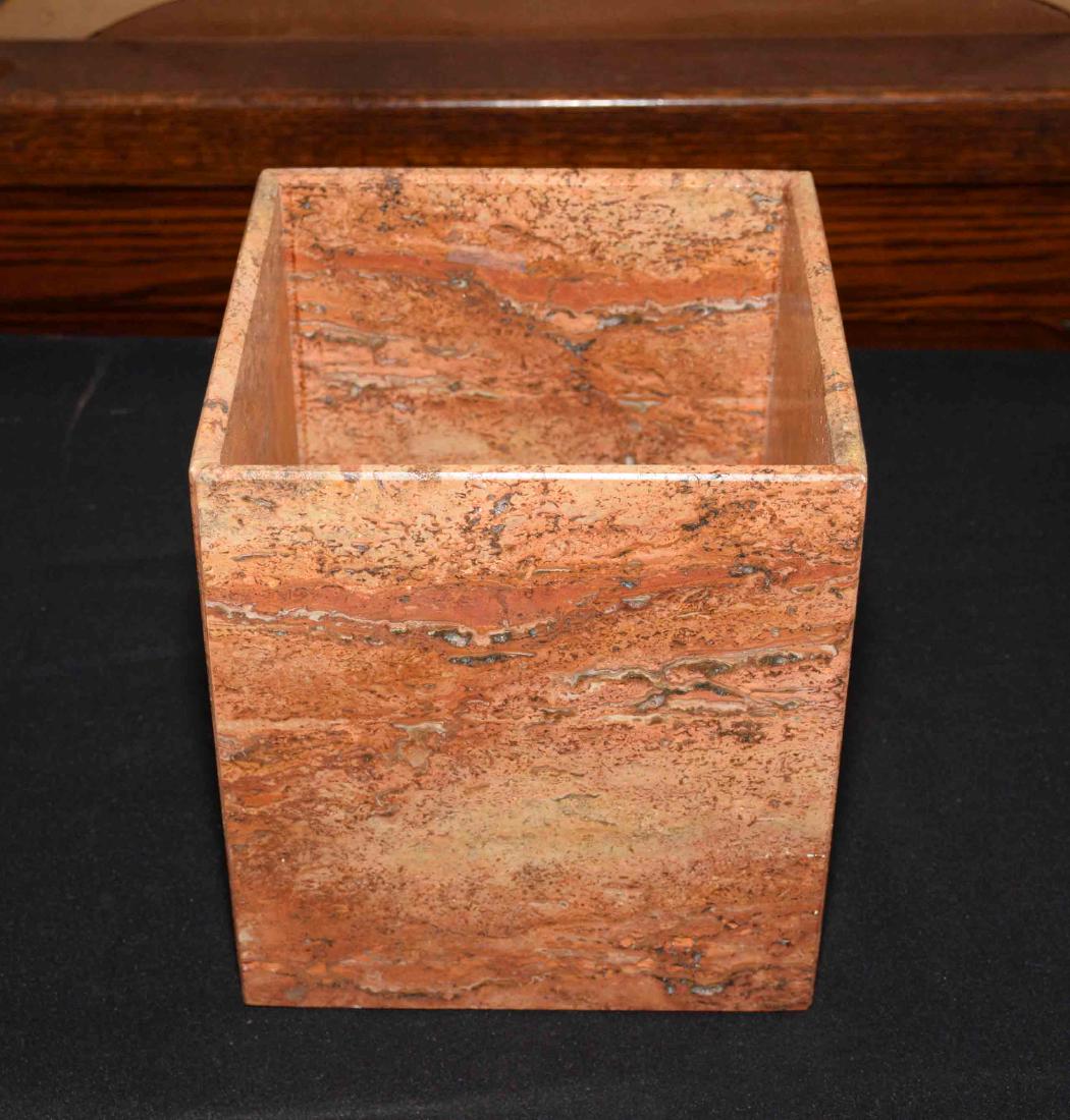 TRAVERTINE MARBLE WASTE BASKET. 9''H x 8''W x 8''D.: TRAVERTINE MARBLE WASTE BASKET. 9''H x 8''W x 8''D.