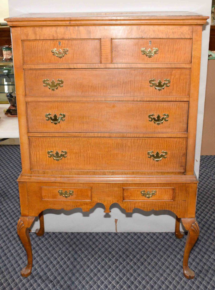 HIGHBOY, CHEST ON CHEST. Burlwood, 7 drawer, 2 panel to (1 of 5)