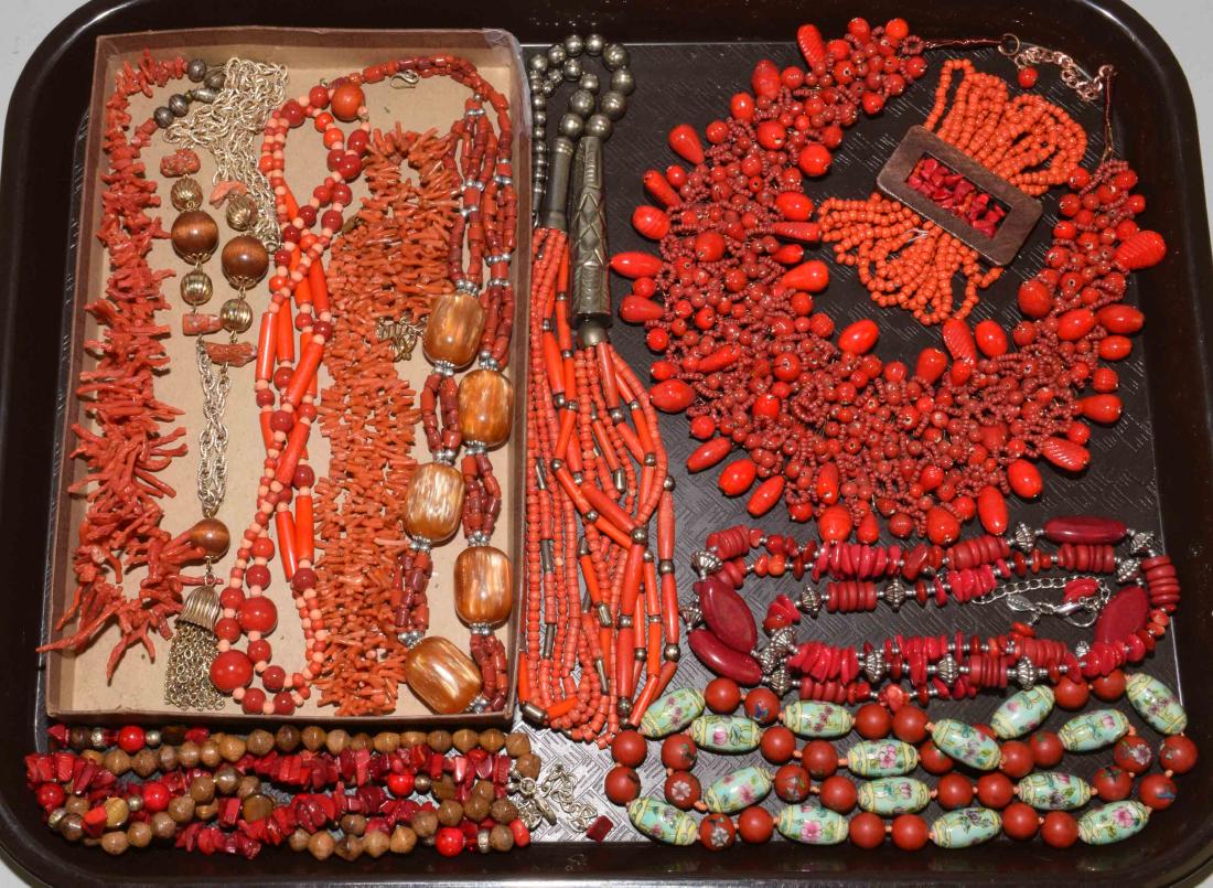 (10+) TRAY OF ASST. RED AND ORANGE CORAL JEWELRY. (1 of 7)