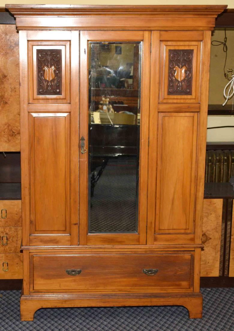 ANTIQUE EUROPEAN ARMOIRE OR WARDROBE with beveled: ANTIQUE EUROPEAN ARMOIRE OR WARDROBE with beveled mirror in door. All original. Condition: very good. 79''H x 51.50''W x 19.75''D.