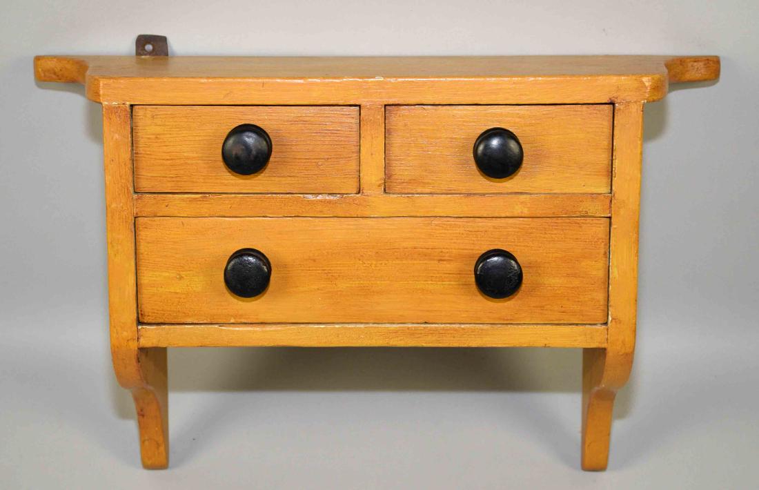 ANTIQUE WOOD THREE DRAWER HANGING SHELF. 10''H X (1 of 3)