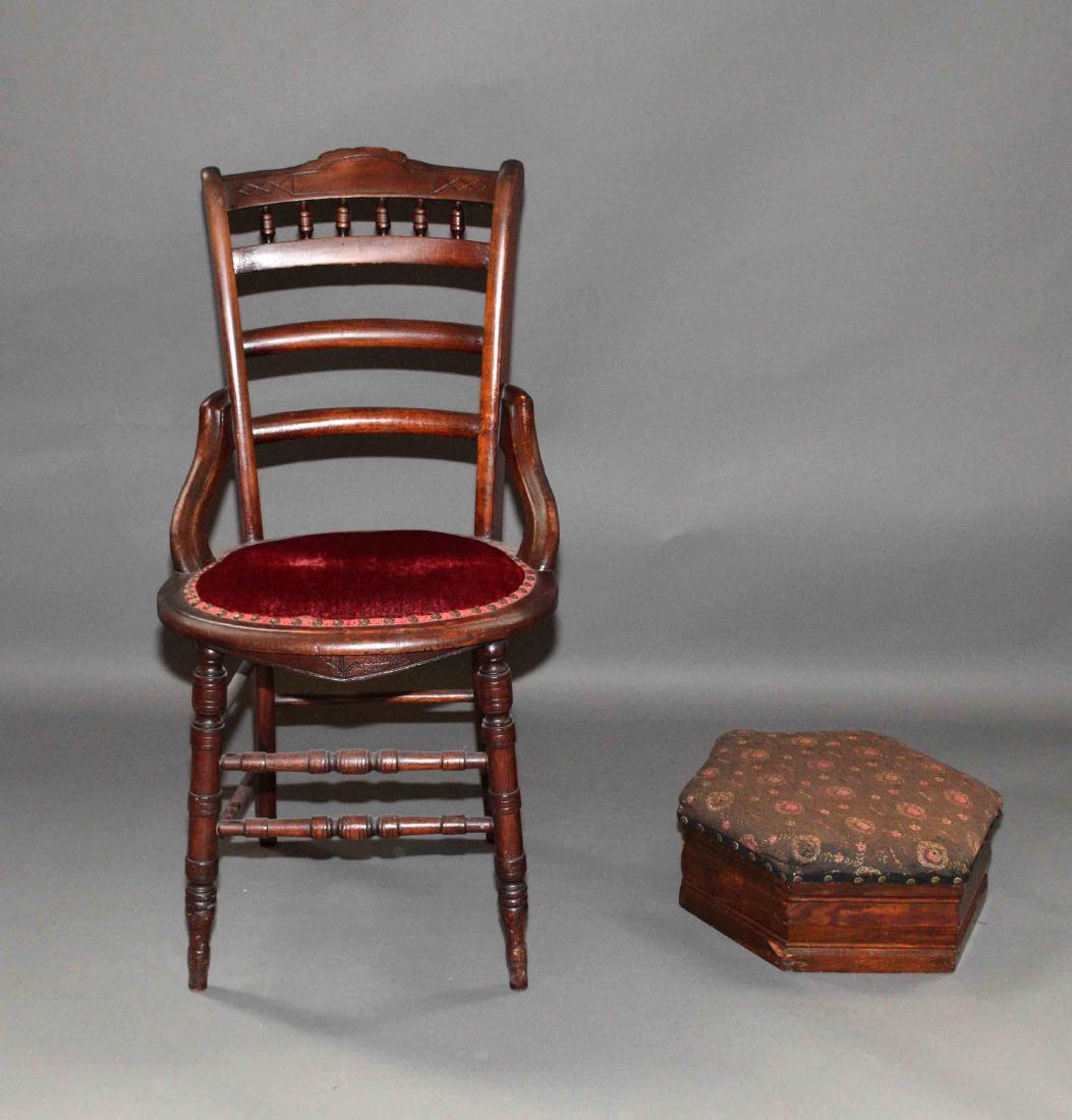 VICTORIAN CHAIR AND FOOTSTOOL, original finish. Chair: VICTORIAN CHAIR AND FOOTSTOOL, original finish. Chair seat recovered. Condition: good original condition, wear commensurate with age. Chair: 35''H x 17.50''W x 16''D. Footstool: 7''H x 12.50'' diamete